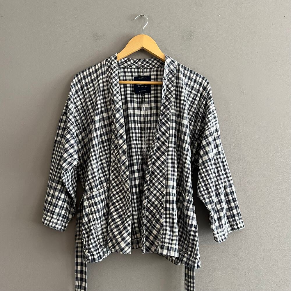 Madewell Women’s Gingham Wrap Front Tie Short Sleeve V-Neck Blouse Large Boxy